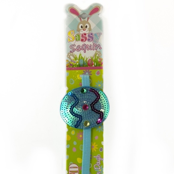 Sassy Sequin Easter Headband Elasticized Band Easter Egg Blue - Picture 1 of 10